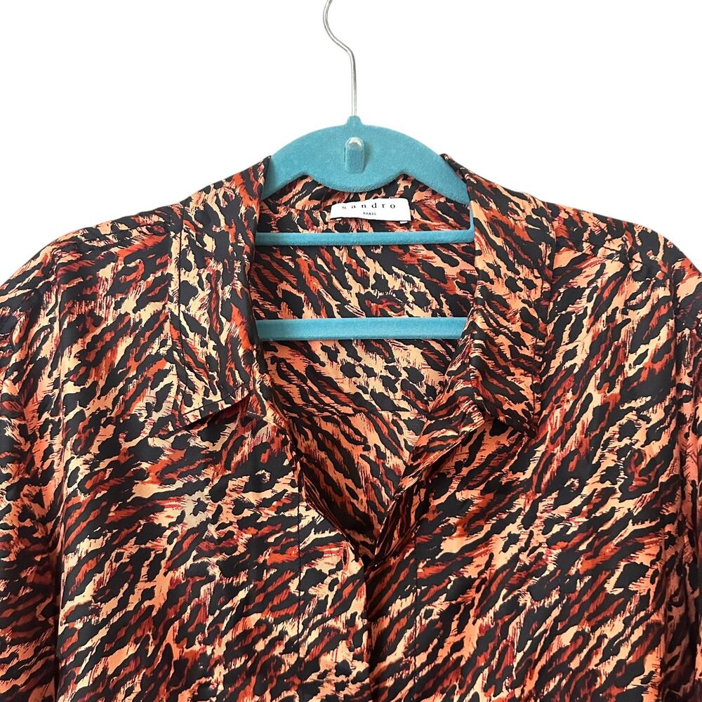 SANDRO Animal Print Buttoned Down Silk Blouse Sz 4 - Picture 5 of 7